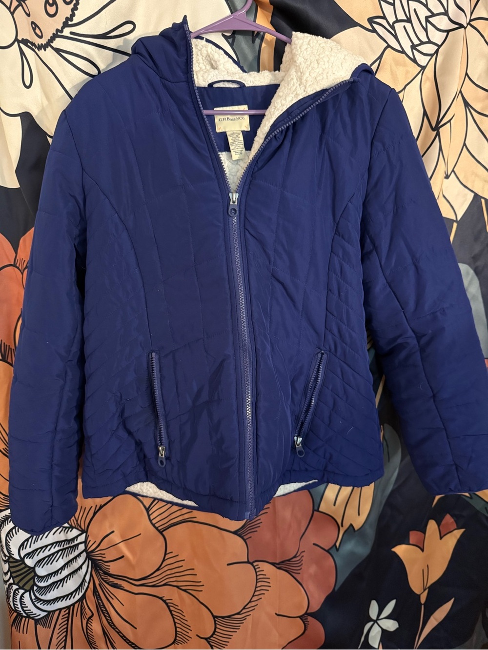 Navy Blue Hooded Puffer Jacket with Sherpa Lining